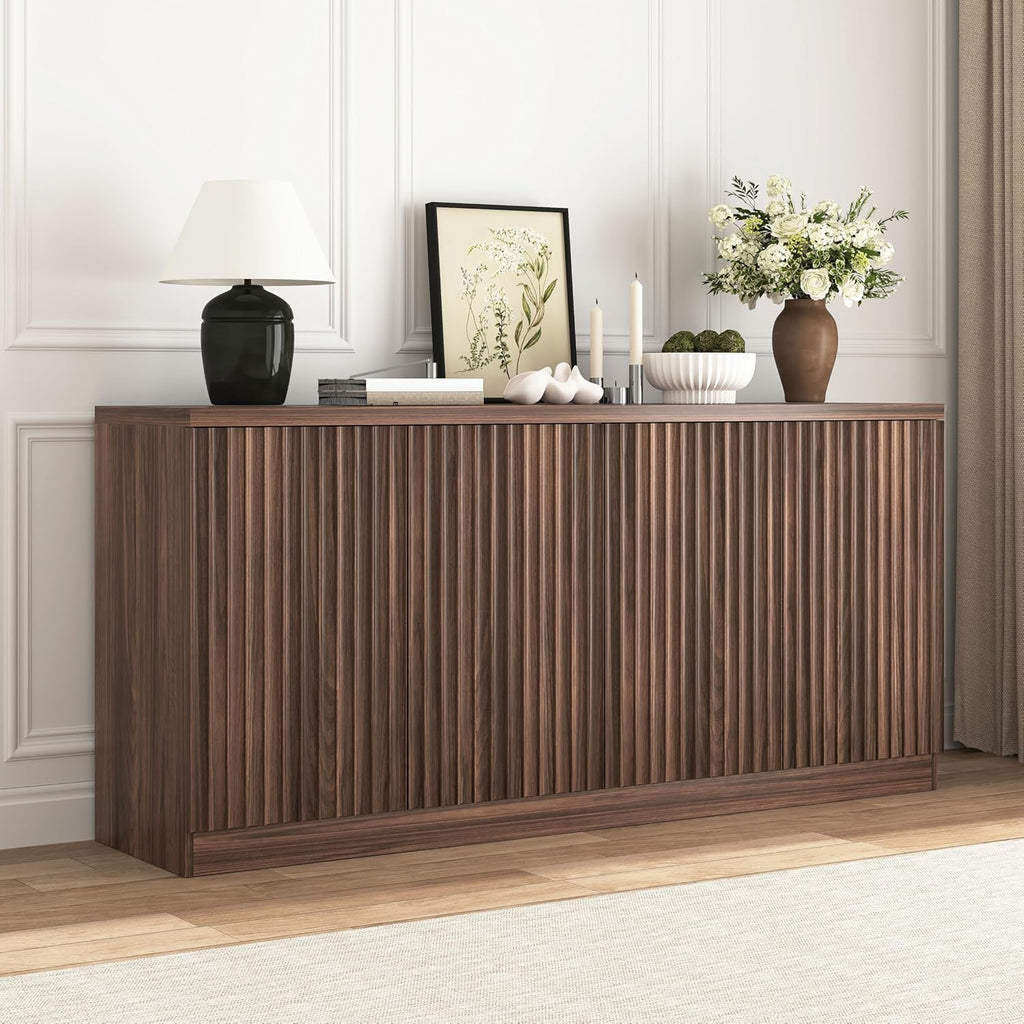 63" Fluted Buffet Cabinet Sideboard with Storage,Large Credenza with 4 Doors with Adjustable Shelves,Wood Mid Century Modern Sideboard for Kitchen, Living Room,Entryway(Walnut)