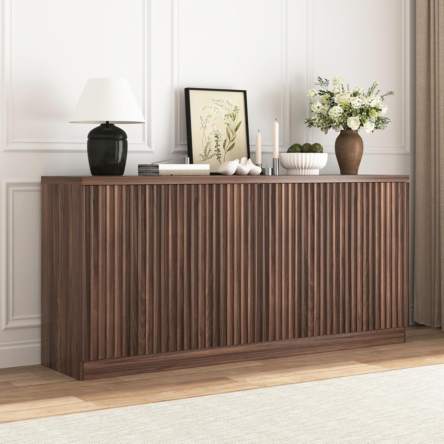 63" Fluted Buffet Cabinet Sideboard with Storage,Large Credenza with 4 Doors with Adjustable Shelves,Wood Mid Century Modern Sideboard for Kitchen, Living Room,Entryway(Walnut)
