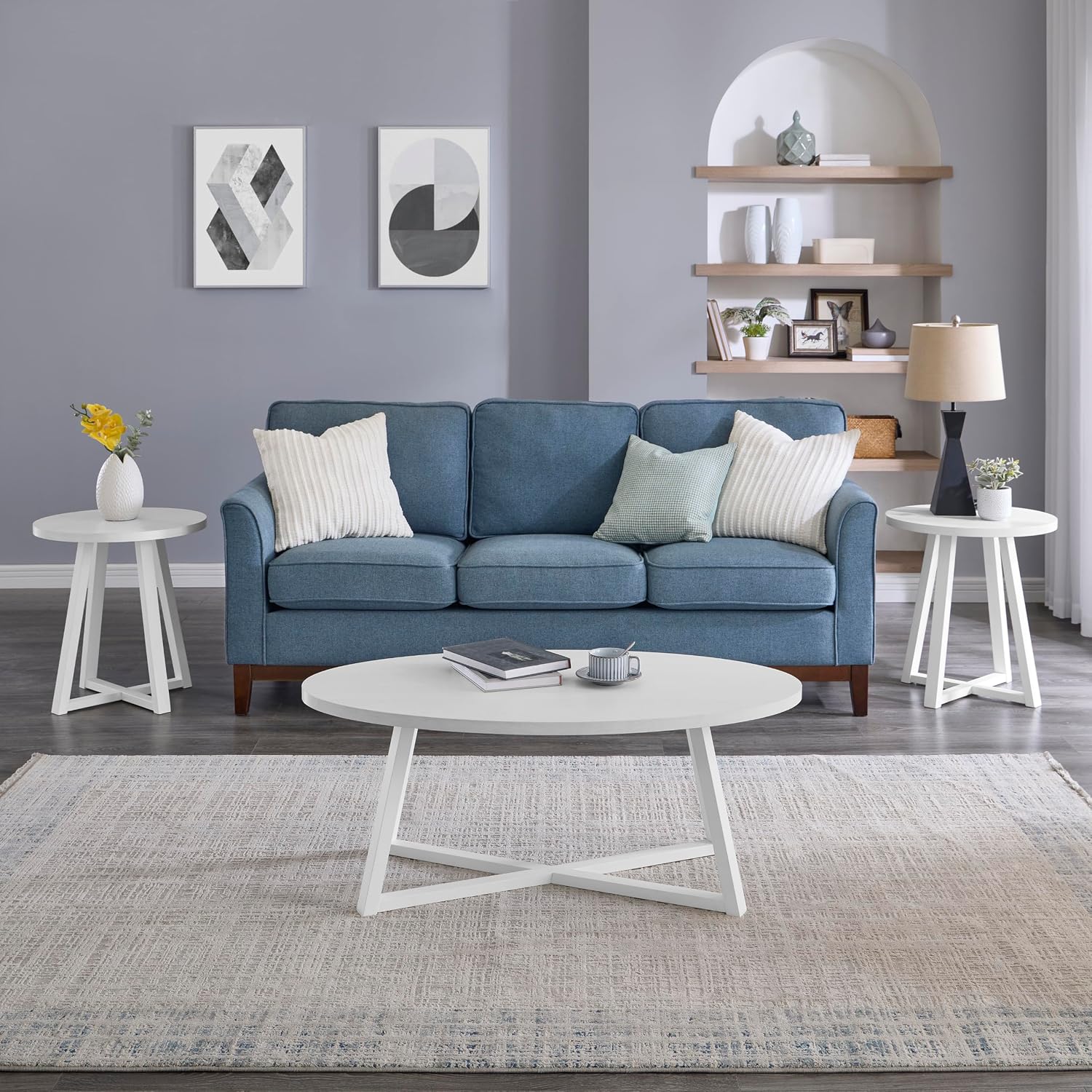 Coffee Table Set 3-Piece Oval Wood Modern | Modern 3-piece set includes oval coffee table and two round end tables. Durable MDF tops with solid rubberwood legs for