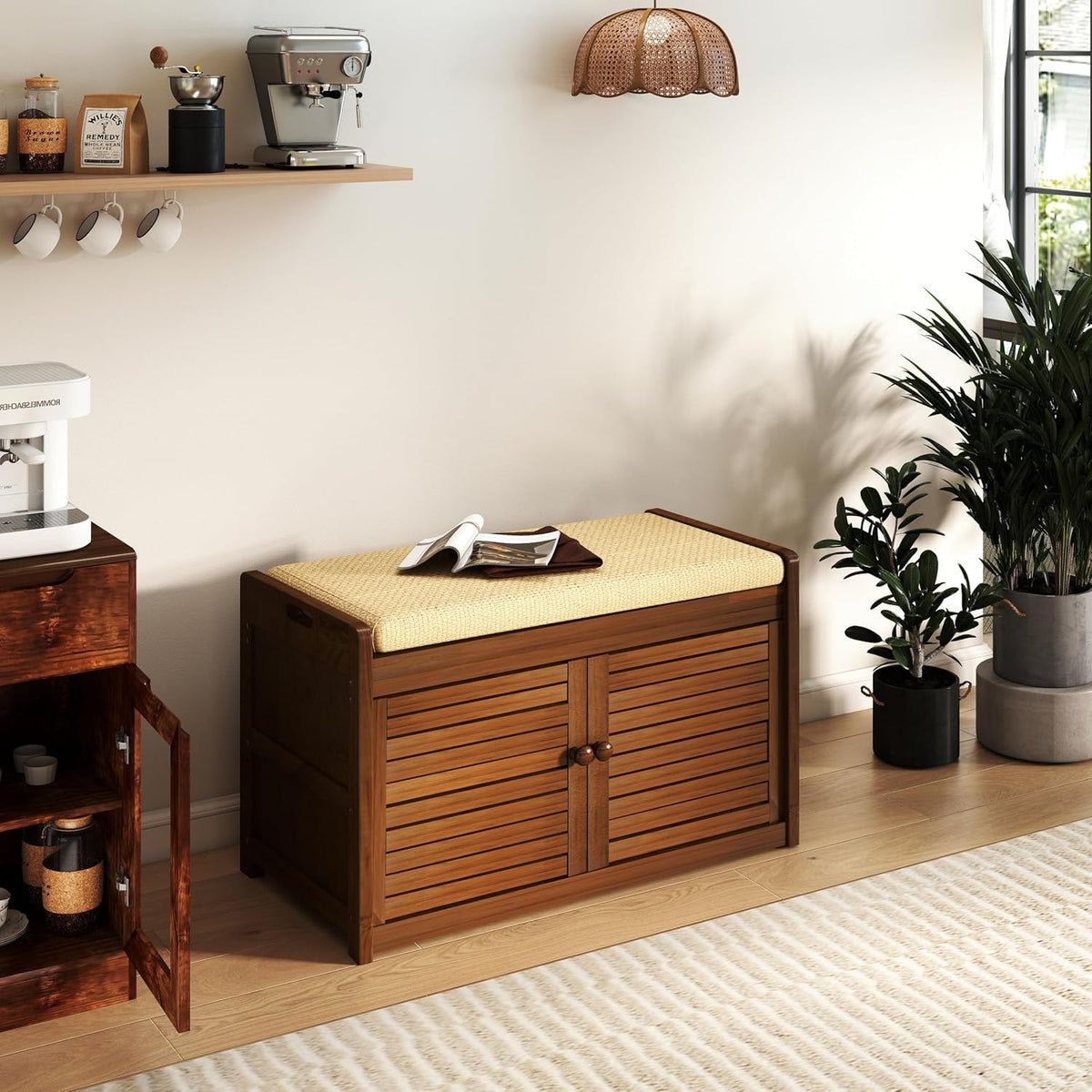Wilk Shoe Storage Bench, 2-Tier Shoe Cabinet with Padded Seat Cushion, Bamboo Entryway Bench with 2 Doors (31.49’’(L) x13.78’’(W) x18.9''(H))