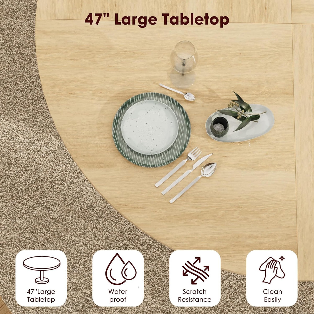 IDEALHOUSE 47 Inch Round Dining Table for 4, Natural Oak | Farmhouse Kitchen Table, 2-Layer Storage Shelf, Wood Slide Door, Space Saving