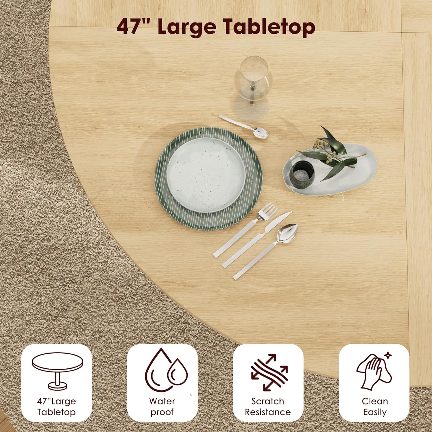 GarveeHome 47'' Round Dining Table with Hidden Storage for 4, Kitchen Dining Room Circle Dinner Pedestal Table with Slide Door Shelf, Space Saving Wood Furniture for Small Spaces, Dining Room, Natural