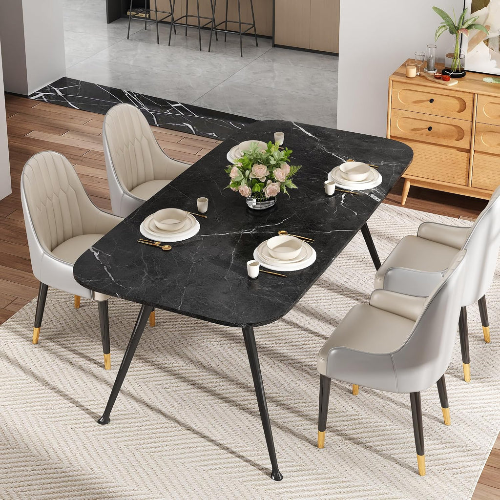 Dining Table for 4-6，70.87" Glossy Sintered Stone Top Dining Table with Carbon Steel Pedestal, Modern Dining Room Table for Kitchen, Living Room (Black, Table Only)