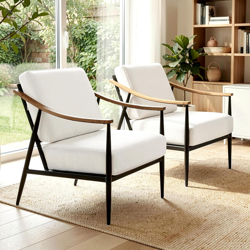 RNKSFX Modern Accent Chair for Living Room Bedroom Mid Century Arm Chair Upholstered Office Accent Chair Comfy Waiting Room Chair with Metal Frame, Cream White