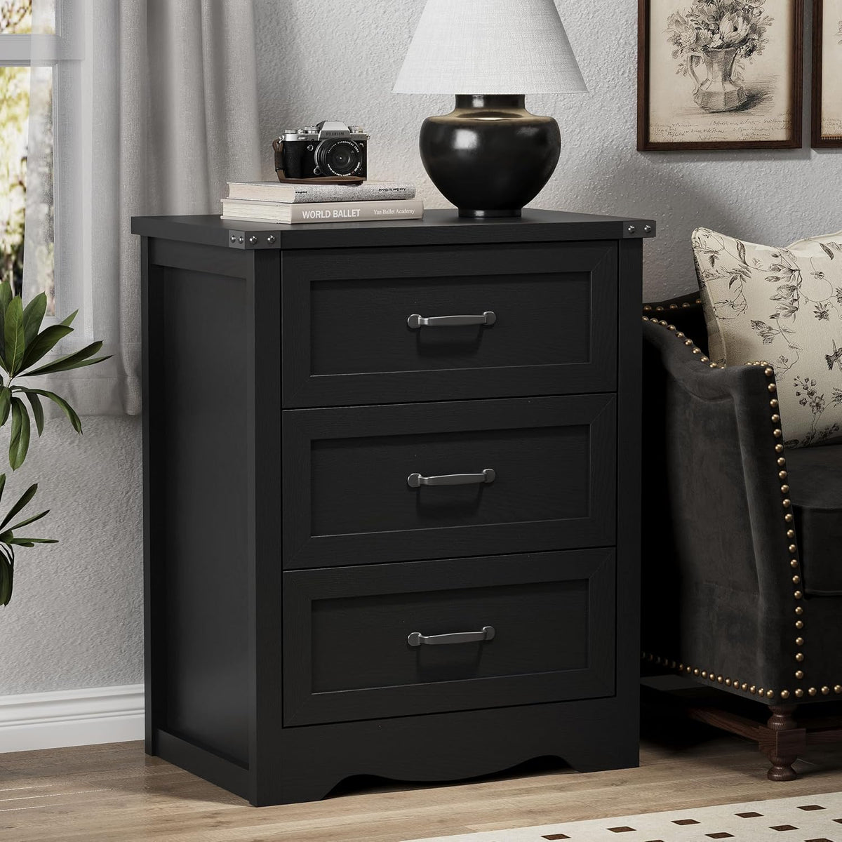 Nightstand with 3 Drawers, 24" Wide Farmhouse Bedside End Table, Rustic Wood Side Table Night Stand with Mental Handle, Tall Modern Small Dresser Chest of Drawers for Bedroom, Living Room, Dorm, Black