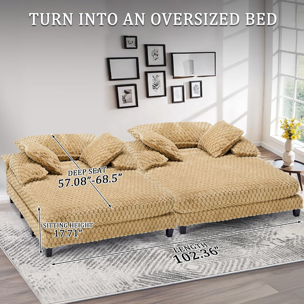 Faux Fur Oversized Chaise Lounge Indoor with Adjustable Backrest | 59 Inches Single Sleeper Sofa Chair, with 3 Lumbar Pillows, Upholstered, for Living Room, Bedroom, Office