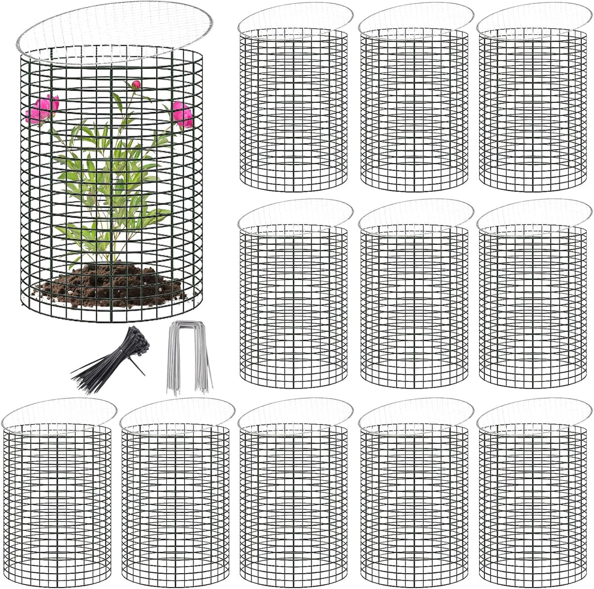 12 Sets of 16'' x 12'' Garden Plant Protectors from Animals With Detachable Covers ,36Pcs Metal Wire Protectors With Cover for Plants , Metal Plant Cage Chicken Wire Cloche with Stakes & Nylon Ties