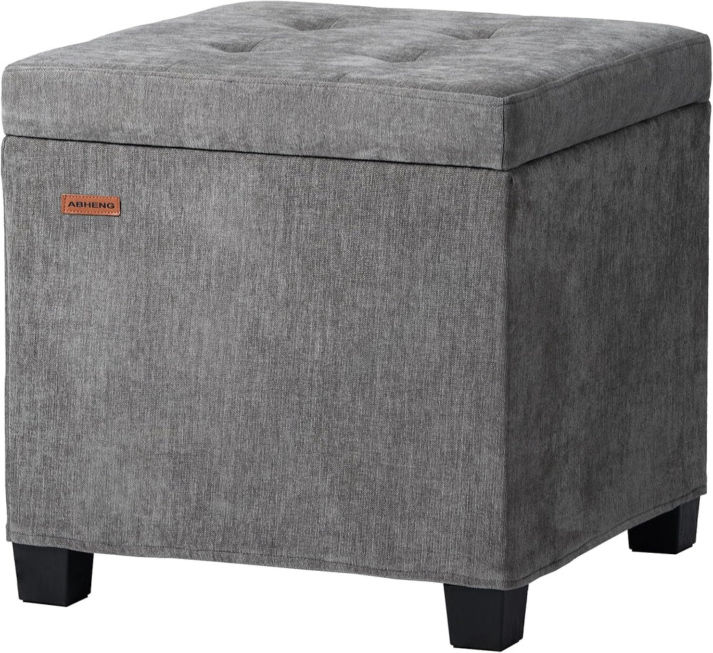 ABHENG Steel Frame Square Ottoman with Storage Gray UASND641G | 17.7" x 17.7" x 17.7", Hold 660 lbs, 48L Storage Capacity, Breathalbe Chenille, Removable Lid, for Dorm Living Room