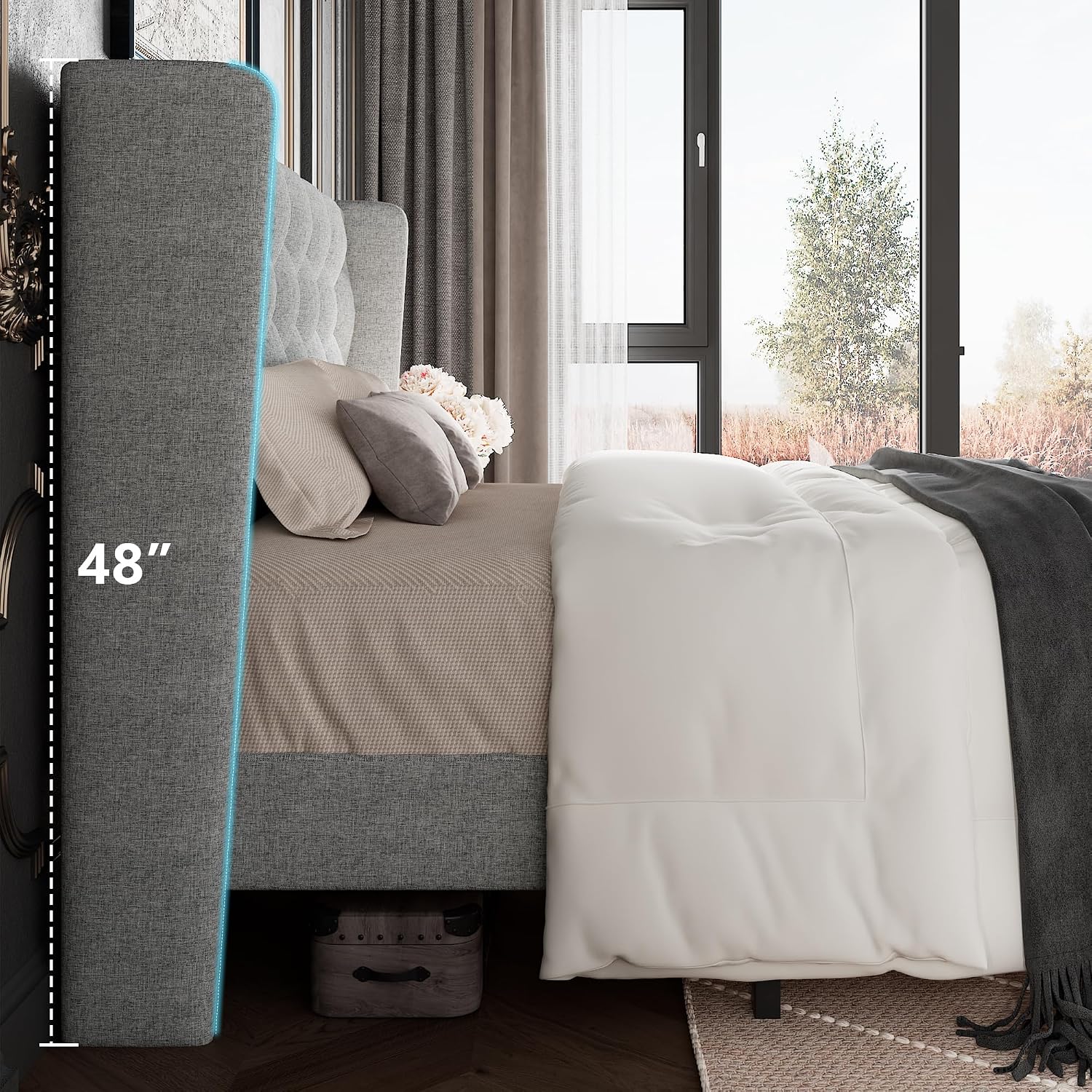 GalnFu Queen Size Bed Frame with Button Tufted Headboard, Upholstered Platform Bed Frame with UnderBed Storage, Wooden Slats Supports, Noise Free, No Box Spring Needed, Easy Assembly, Light Grey
