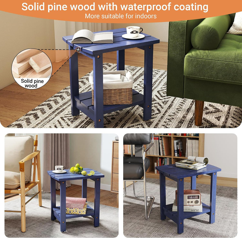 2-Tier Adirondack Side Table 17" with Double Shelf, Easy Assembly Solid Wood End Table,Outdoor & Indoor Small Table for Living Room,Patio, Poolside, Porch - Weather Resistant Navy Blue