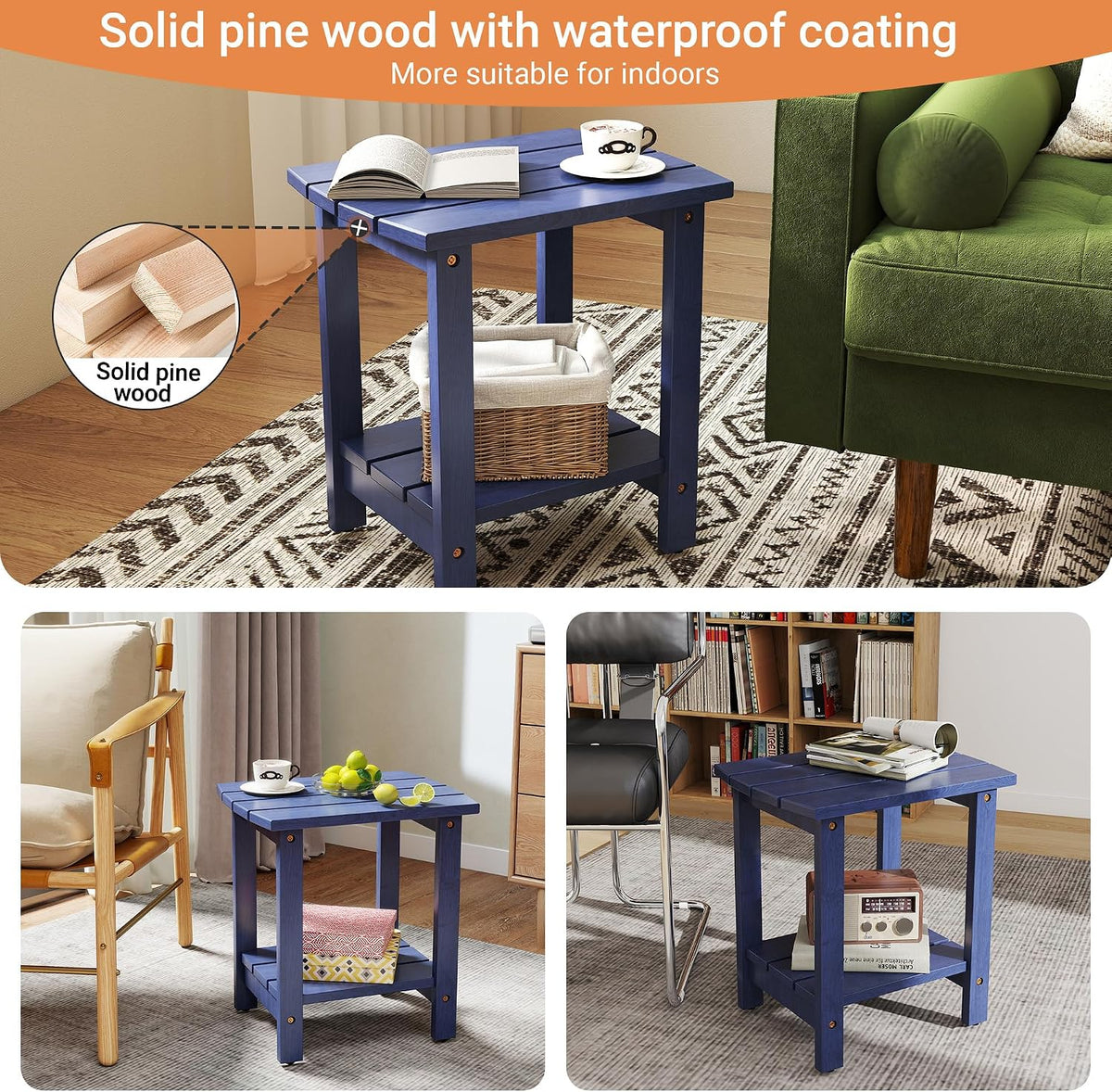 2-Tier Adirondack Side Table 17" with Double Shelf, Easy Assembly Solid Wood End Table,Outdoor & Indoor Small Table for Living Room,Patio, Poolside, Porch - Weather Resistant Navy Blue