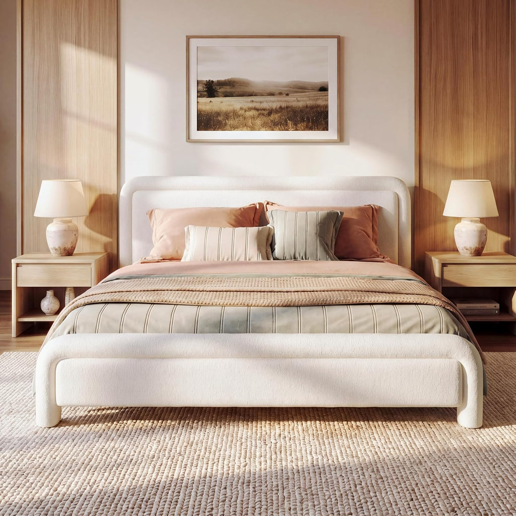 Merax Queen Size Upholstered Bed Frame with Upgraded Curved Boucle Fabric Headboard,Wooden Slats Support for Bedroom,Modern Design Easy Assembly