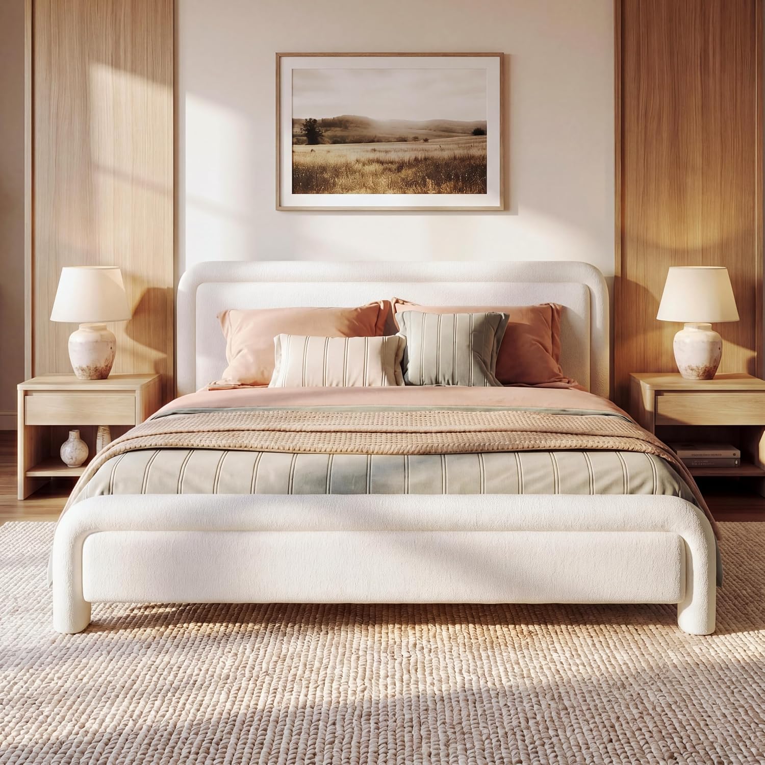 Merax Queen Size Upholstered Bed Frame with Upgraded Curved Boucle Fabric Headboard,Wooden Slats Support for Bedroom,Modern Design Easy Assembly