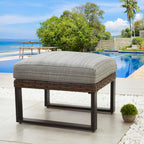 LOKATSE HOME Patio Ottoman Wicker Outdoor Footstool Rest Small Seat Rattan Furniture Cushioned Coffee Table Steel U-Shape Legs for Garden Yard Lawn Deck Poolside