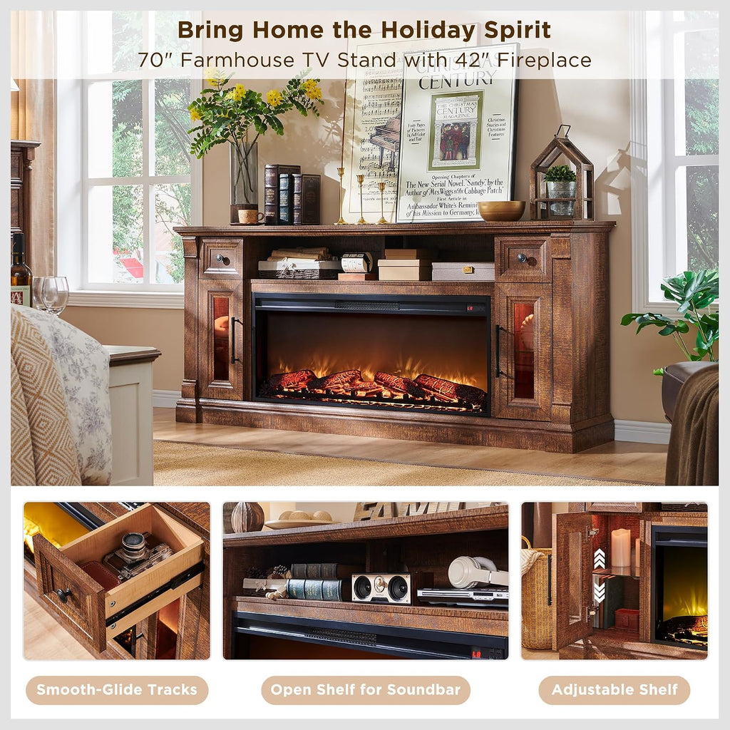 OKD 70" Farmhouse Fireplace TV Stand for TVs Up to 80", Reclaimed Barnwood | 42" Electric Fireplace, Color Changing Flame, 2 Open Cubbies, 2 Spacious Drawers, LED Glass Door Cabinets, Retro Handles