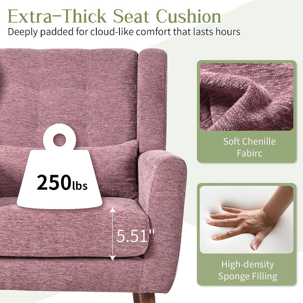 cinkehome Accent Arm Chairs for Living Room, Chenille Upholstered Mordern Armchair, Comfy Soft Padded Lounge Chair in Small Spaces, Bedroom, Pillow, Solid Wood Leg, Purple