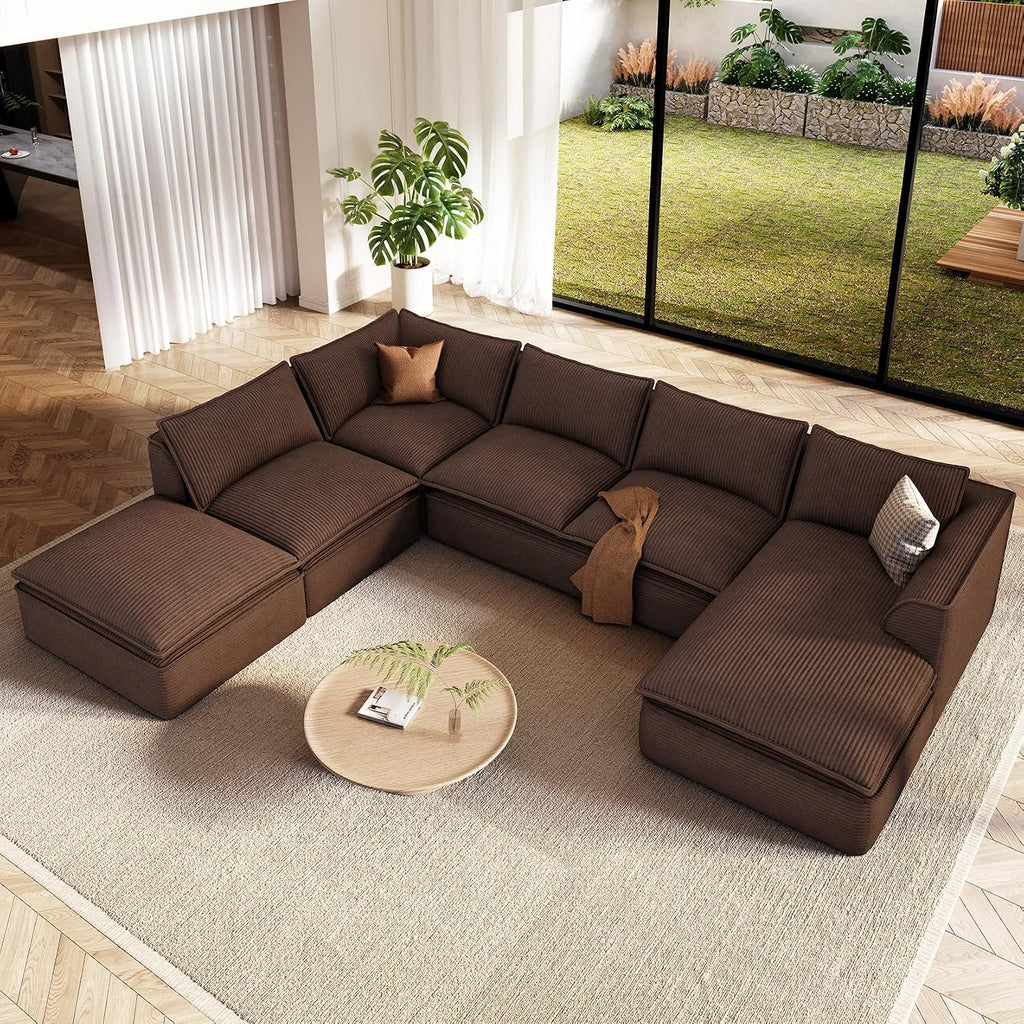 Vesgantti 7 Seater Sectional Couch, 141.7" Large Cloud Sofa, Brown | U Shaped Modular Couch with Chaise Ottoman, Deep Seat Sofa for Living Room, Pinstripe Corduroy, Curved Armrest, No Assembly