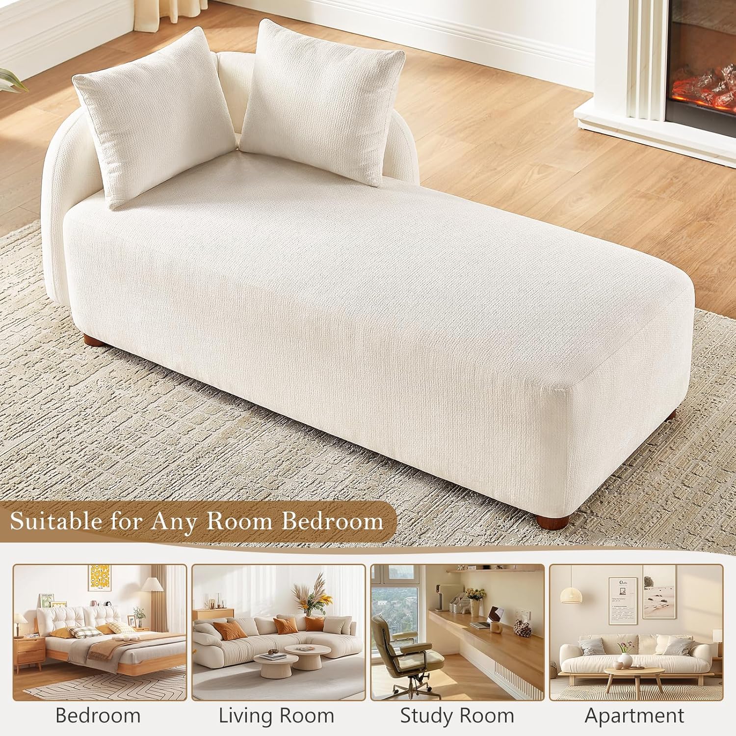 68.9" Chaise Lounge Chair Indoor with Left Facing, Chenille Beige | 2 Throw Pillows, Comfy Reading Chair, Oversized Upholstered Sleeper Chair for Living Room, Bedroom, Apartment