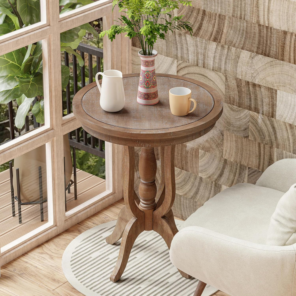 Farmhouse Accent End Table, Rustic Side Table with Natural Top for Family, Dining or Living Room, Handcrafted Finish, Narural Wood Color