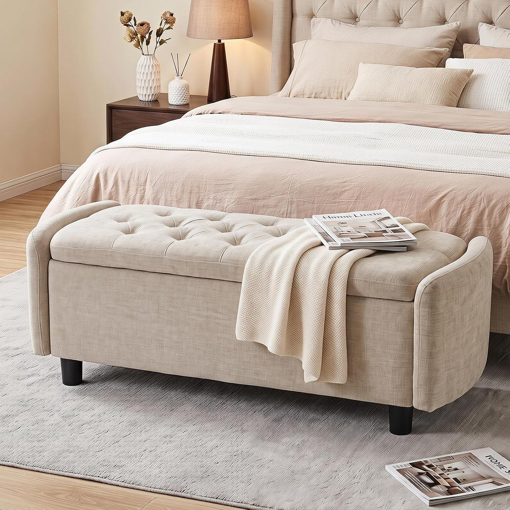 Furniliving 46.5‘’ Chenille Storage Bench, Button-Tufted Upholstered Storage Ottoman Bench with Safety Hinge, End of Bed Bench for Bedroom Entryway Living Room, Camel