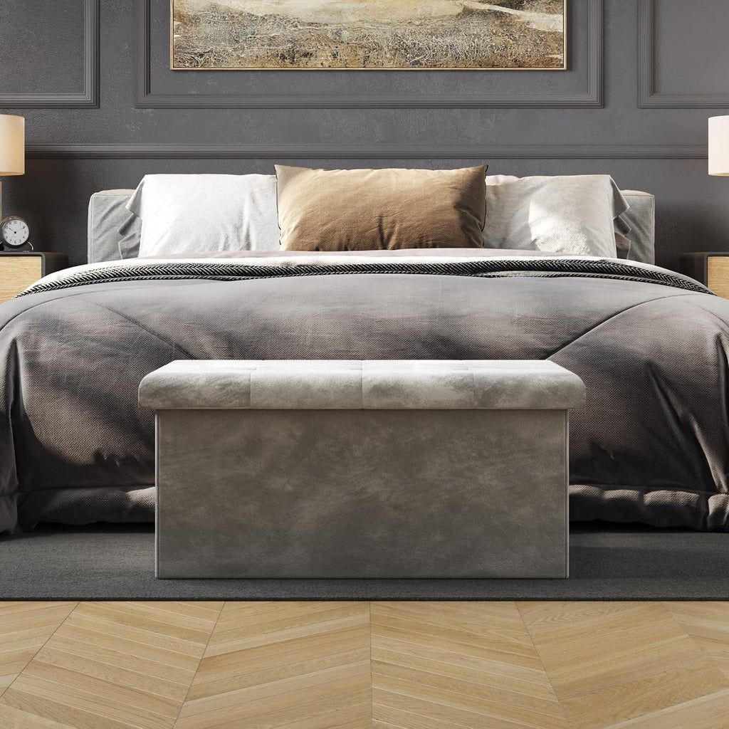Storage Ottoman - Velvet Tufted Footrest, Linen Chest, or Bench Organizer with Removable Lid for Bedroom, Dorm Room, or Entryway by Lavish Home (Gray)