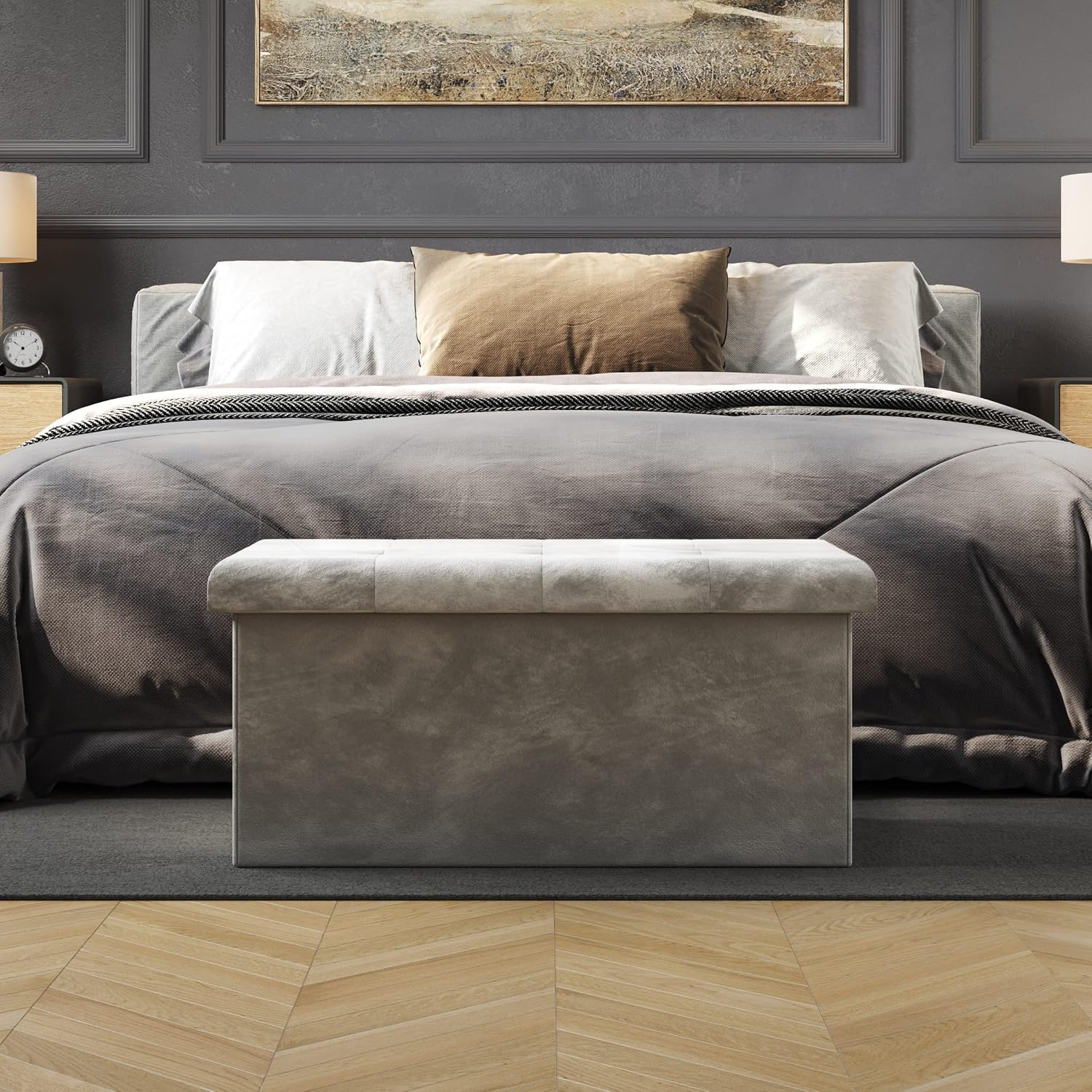 Storage Ottoman - Velvet Tufted Footrest, Linen Chest, or Bench Organizer with Removable Lid for Bedroom, Dorm Room, or Entryway by Lavish Home (Gray)