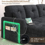 81'' LED L-Shaped Sectional Couch for Living Room, Sleeper Sofa Bed, Black | Comfy Chenille Cloud Couch, Pull Out Bed, Storage Chaise, 5-level Adjustable Backrest, USB Charging, 2 Pillow, 900LB Capacity