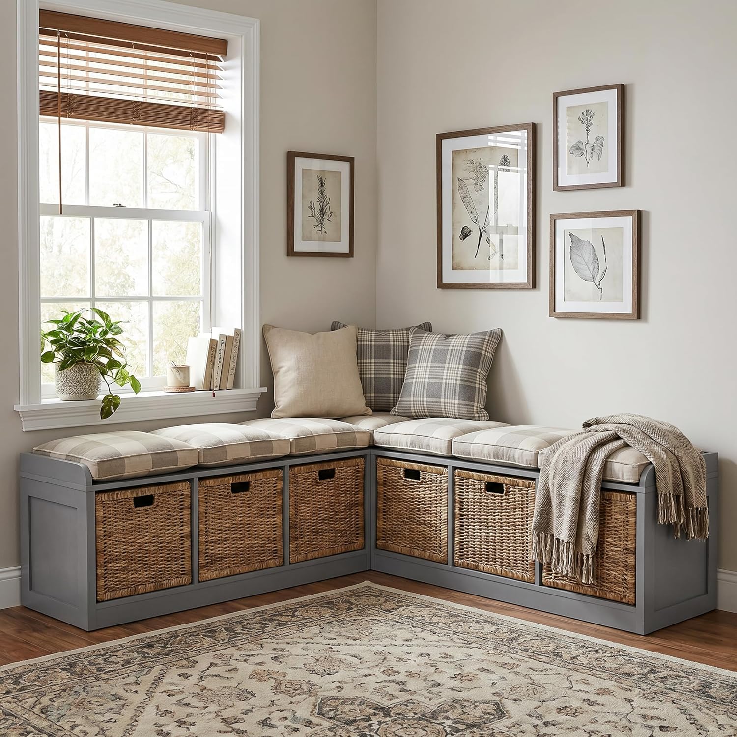 L-Shaped Storage Bench, 63" Corner Entryway Window Bench with 6 Strorage Drawers, Modern Breakfast Nook Seat for 2-3 Adults, Corner Banquette Benches for Living Room, Dining Room, Gray