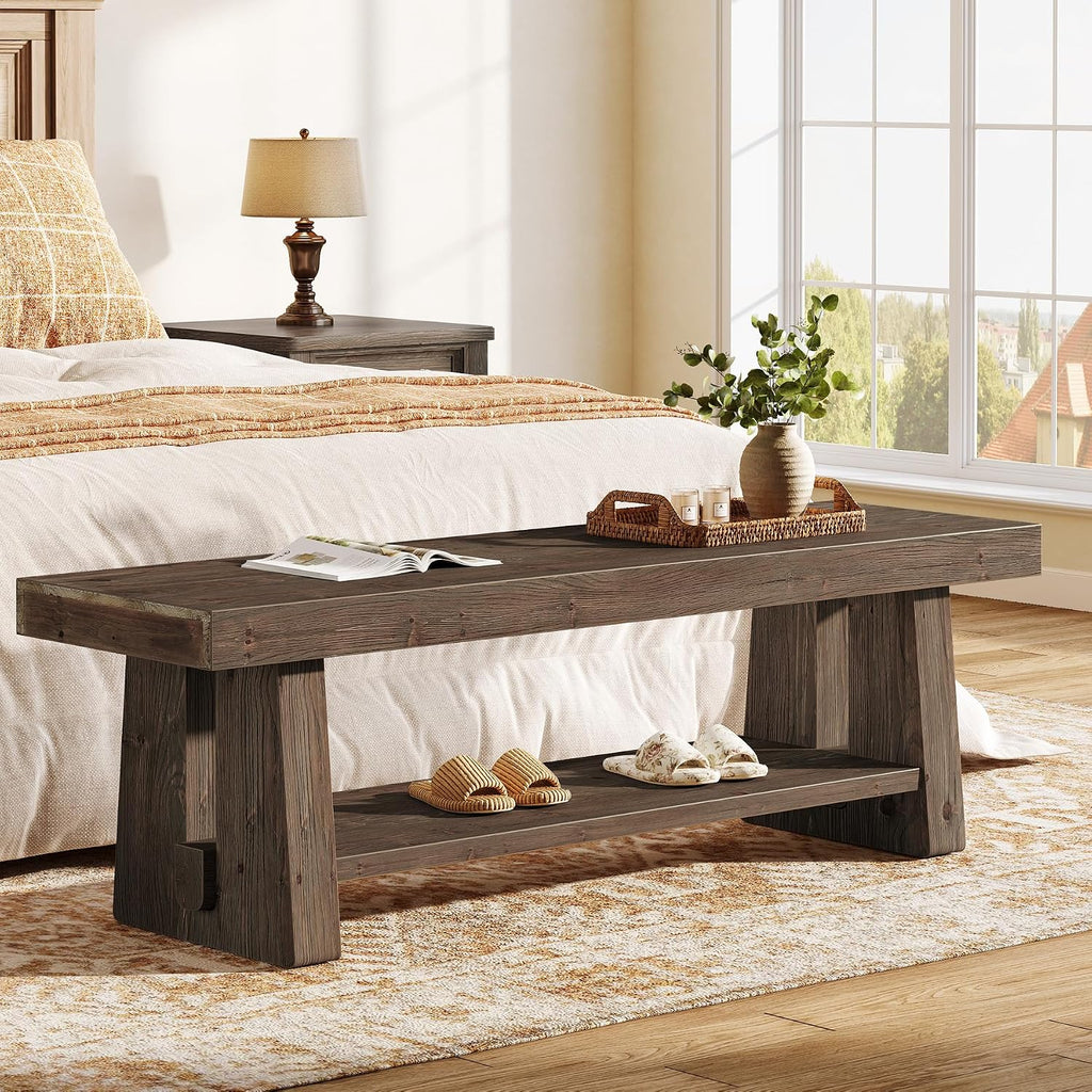 63'' Solid Wood Entryway Bench with Open Shelves, 2-Tier End of Bed Bench, Farmhouse Wooden Bench Indoor for Dining Room, Living Room, Hallway, Bedroom