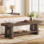 63'' Solid Wood Entryway Bench with Open Shelves, 2-Tier End of Bed Bench, Farmhouse Wooden Bench Indoor for Dining Room, Living Room, Hallway, Bedroom