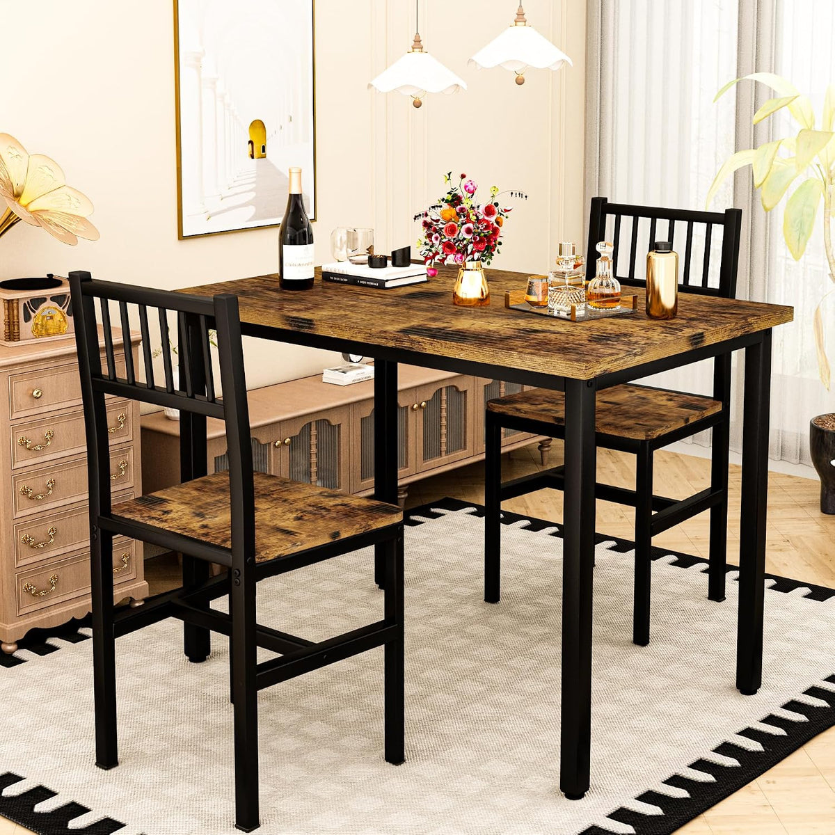 3 Piece Dining Table Set for 2, Small Wooden Kitchen Table Set with Chairs, Space Saving Breakfast Nook Table and Chairs Set of 2, Modern Dinette Set for Dining Room, Apartment, Small Space, Brown
