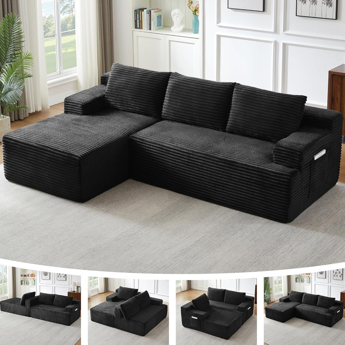 96.1" Cloud Sectional Couch, Modern Modular L Shape Sectional Sofa with Deep Seat Chaise, Comfy Corduroy Couches for Living Room (Black, Left Chaise)