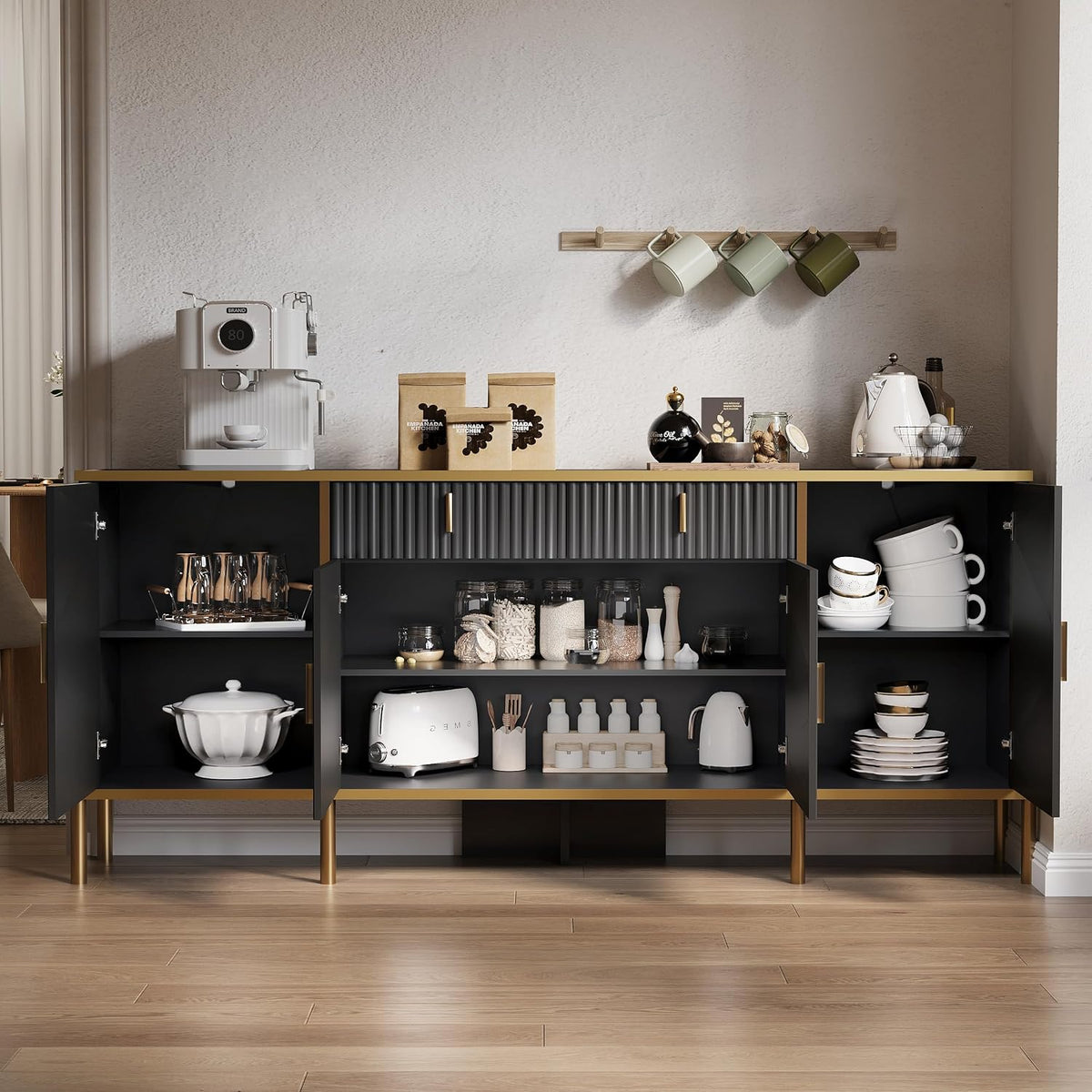 oneinmil 60” Modern Sideboard Buffet Cabinet, Fluted Storage Sideboard with Adjustable Shelves & Pop-Up Doors, Multifunctional Accent Cabinet for Kitchen, Living Room, Hallway, Black and Gold