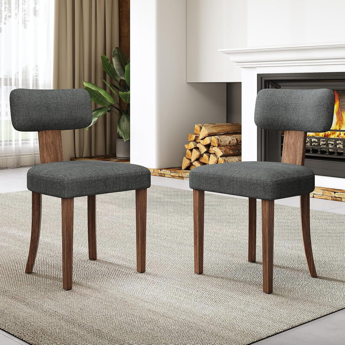 AMERLIFE Kitchen Chairs, Set of 4 Modern Linen Chairs with Upholstered Curved Backrest & Seat, Hardwood Frame, Dark Grey