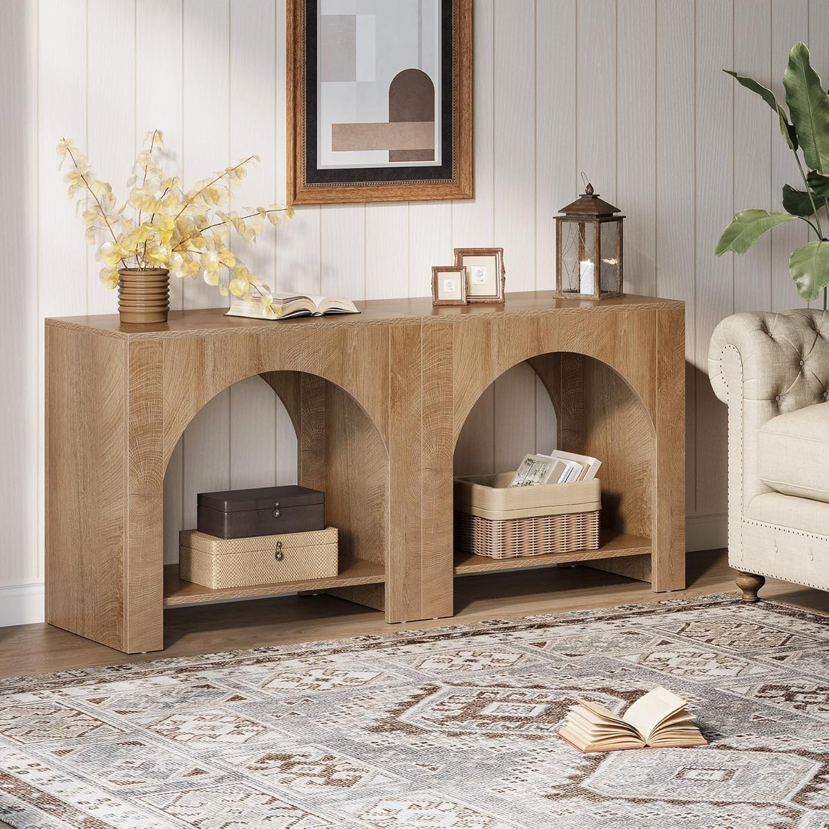 Tribesigns Farmhouse End Side Table of 2 Packs, Large Sofa Side Table with Wooden Pedestal for Living Room, Bedside Storage Nightstand for Bedroom, Accent Furniture, Easy Assembly, Light Brown