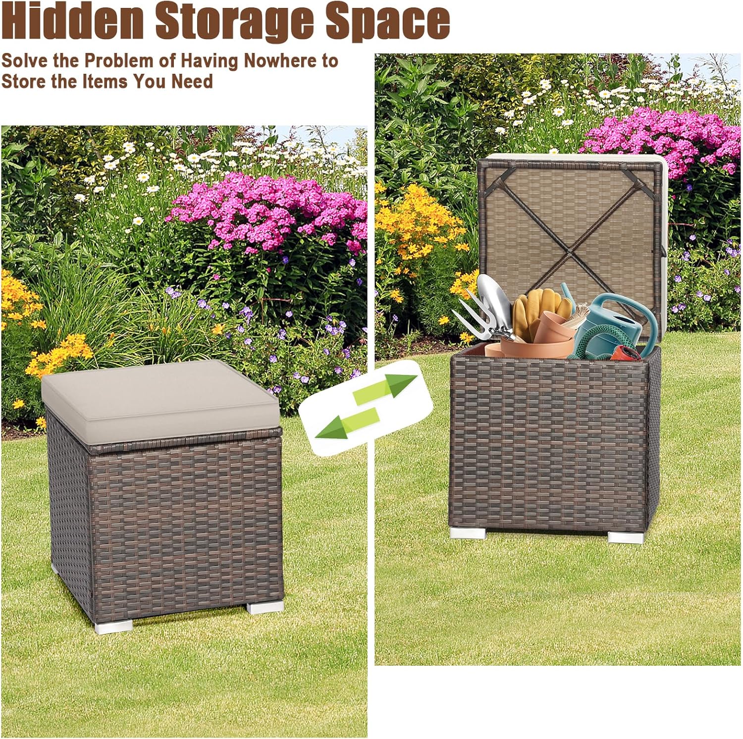 RELAX4LIFE Wicker Outdoor Storage Ottoman, 2-Piece Rattan Footstool w/Removable Cushion, Multipurpose Footrest Stool Side Table Additional Seating, Set of 2 Outdoor Ottomans for Patio Deck (Beige)