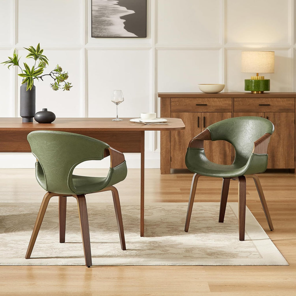 Zouron Mid Century Modern Dining Chair, Faux Leather Armchair with Wooden Legs, Padded Upholstery Accent Desk Chair No Wheels for Living Room Kitchen, Green