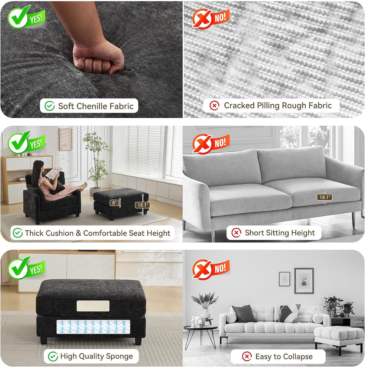 57.5" Oversized Chenille Chair with Movable Ottoman, Black Deep Seat Comfy Upholstered Chaise Lounge Reading Accent Armchair with Side Pocket, Single Sleeper Sofa for Living Room Bedroom Small Space