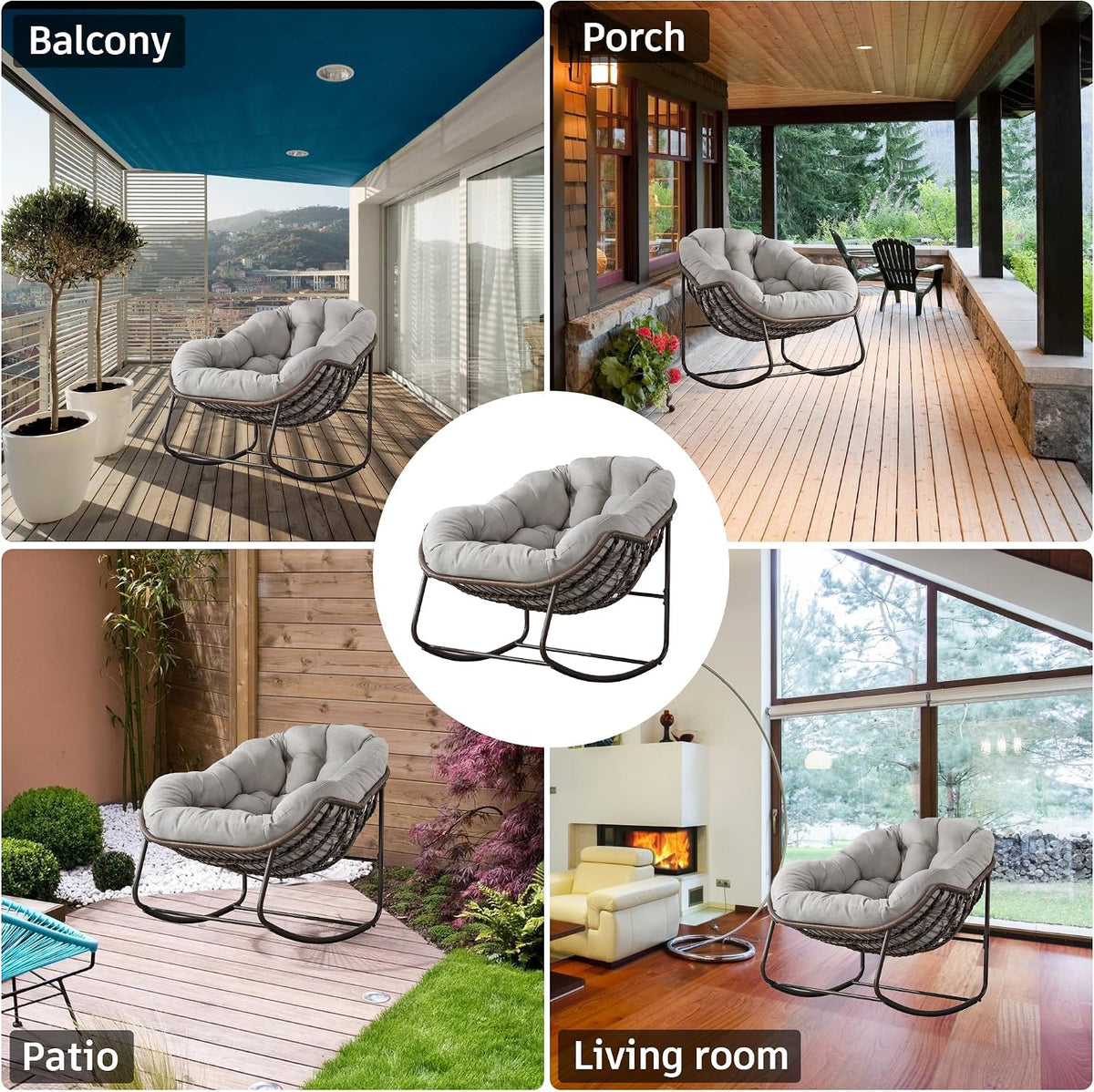 Large Indoor Outdoor Rocking Chair, Oversized Rocking Papasan Chair with Thick Cushion and Frame Outdoor Rocker, Comfy Wicker Egg Chairs Lounge for Outside Porch Patio Backyard Balcony (Beige)