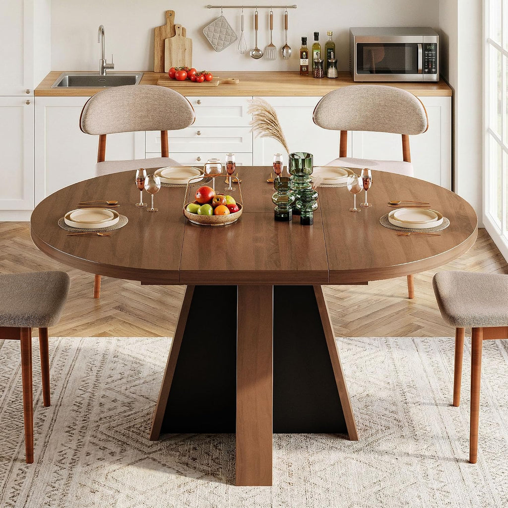 iPormis 43.3in-59in Extendable Round Dining Table for 4-6, Modern Wooden Kitchen Table for Dining Room, Adjustable Size Oval Circle Dinner Tables Furniture for Kitchen Living Room, Walnut Brown