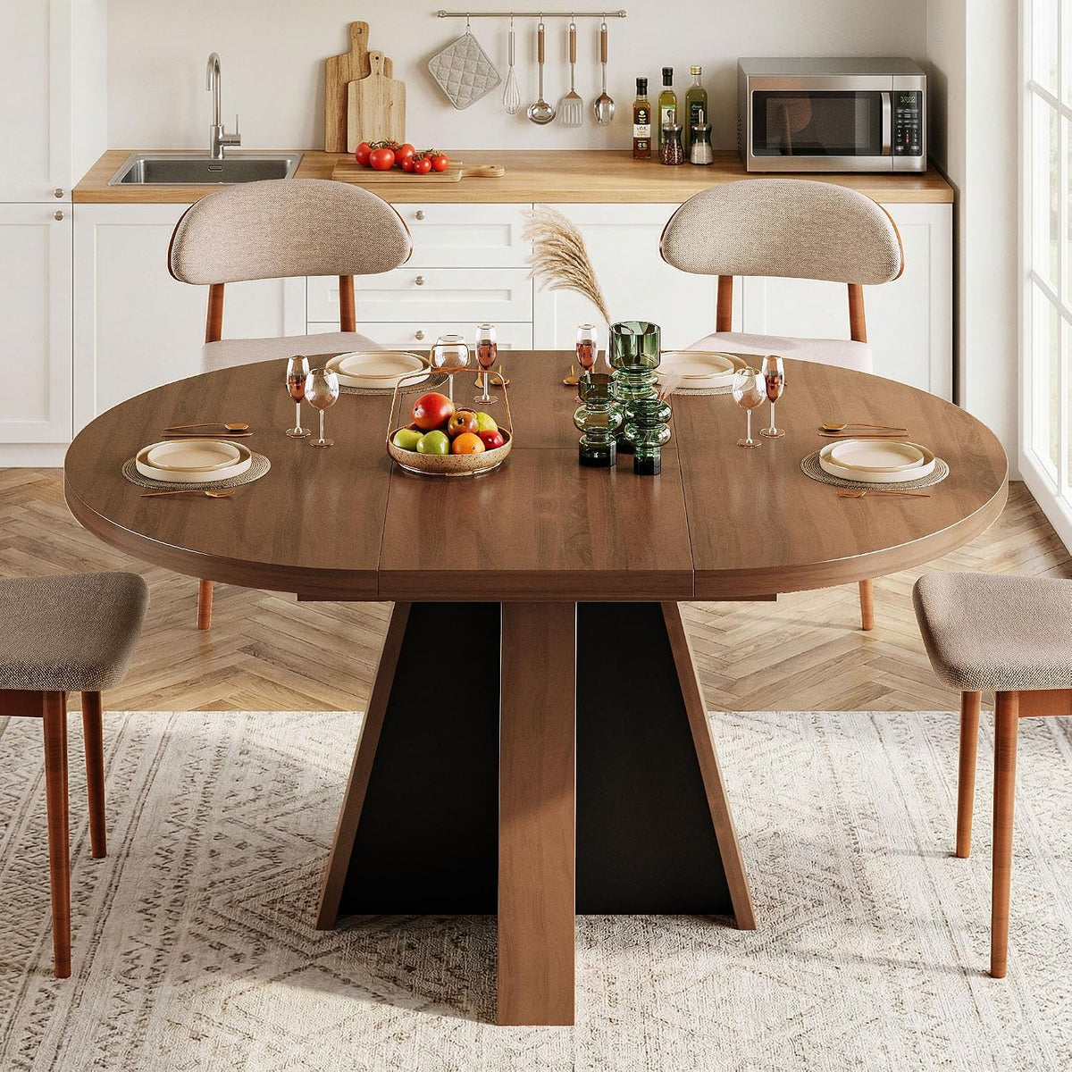 iPormis 43.3in-59in Extendable Round Dining Table for 4-6, Modern Wooden Kitchen Table for Dining Room, Adjustable Size Oval Circle Dinner Tables Furniture for Kitchen Living Room, Walnut Brown