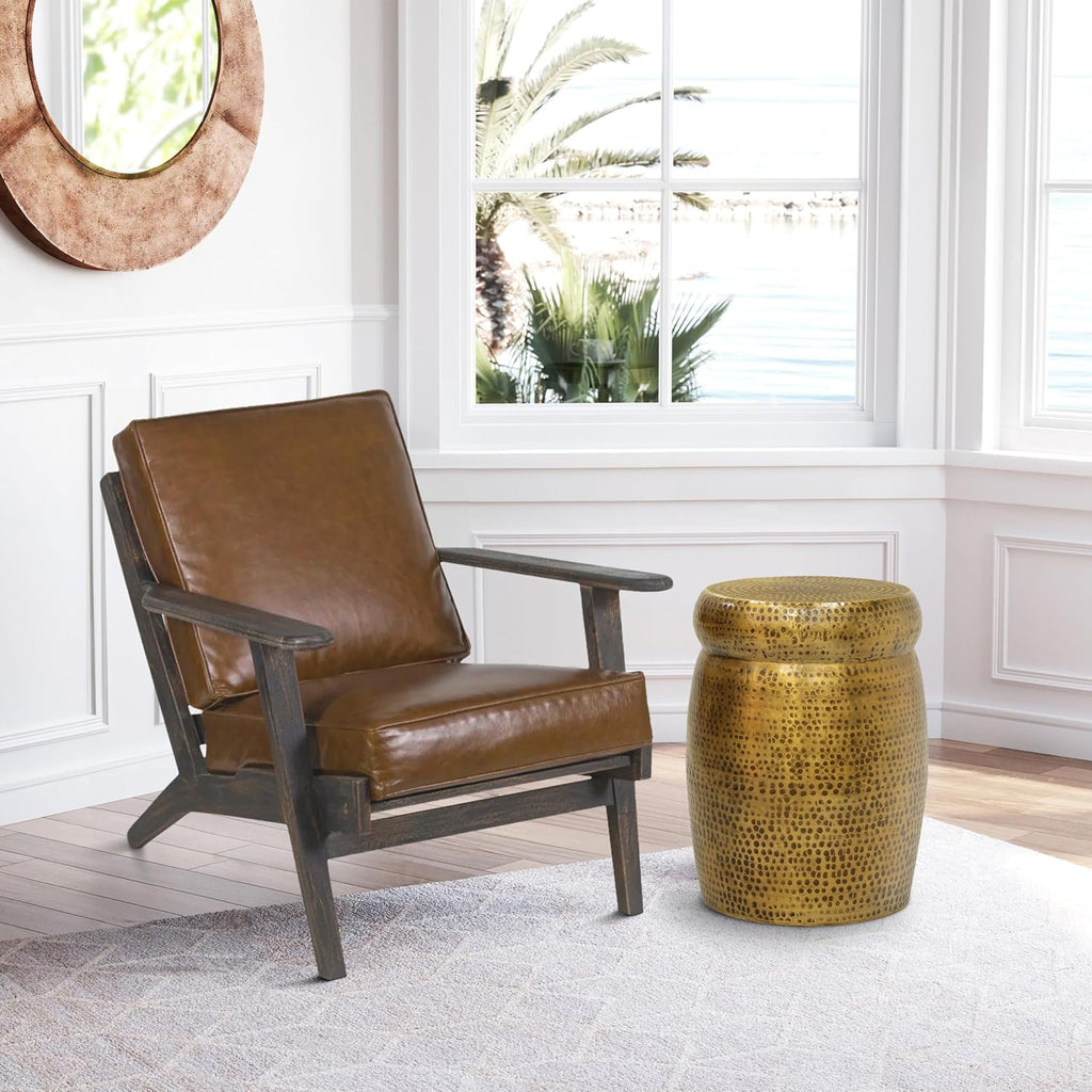 Kvira 21 Inch Round Drum Side End Table, Artisan Hammered Embossed Texture, Antique Gold Brass Finish, Modern Accent Table for Living Room, Bedroom, Entryway and Home Decor Display