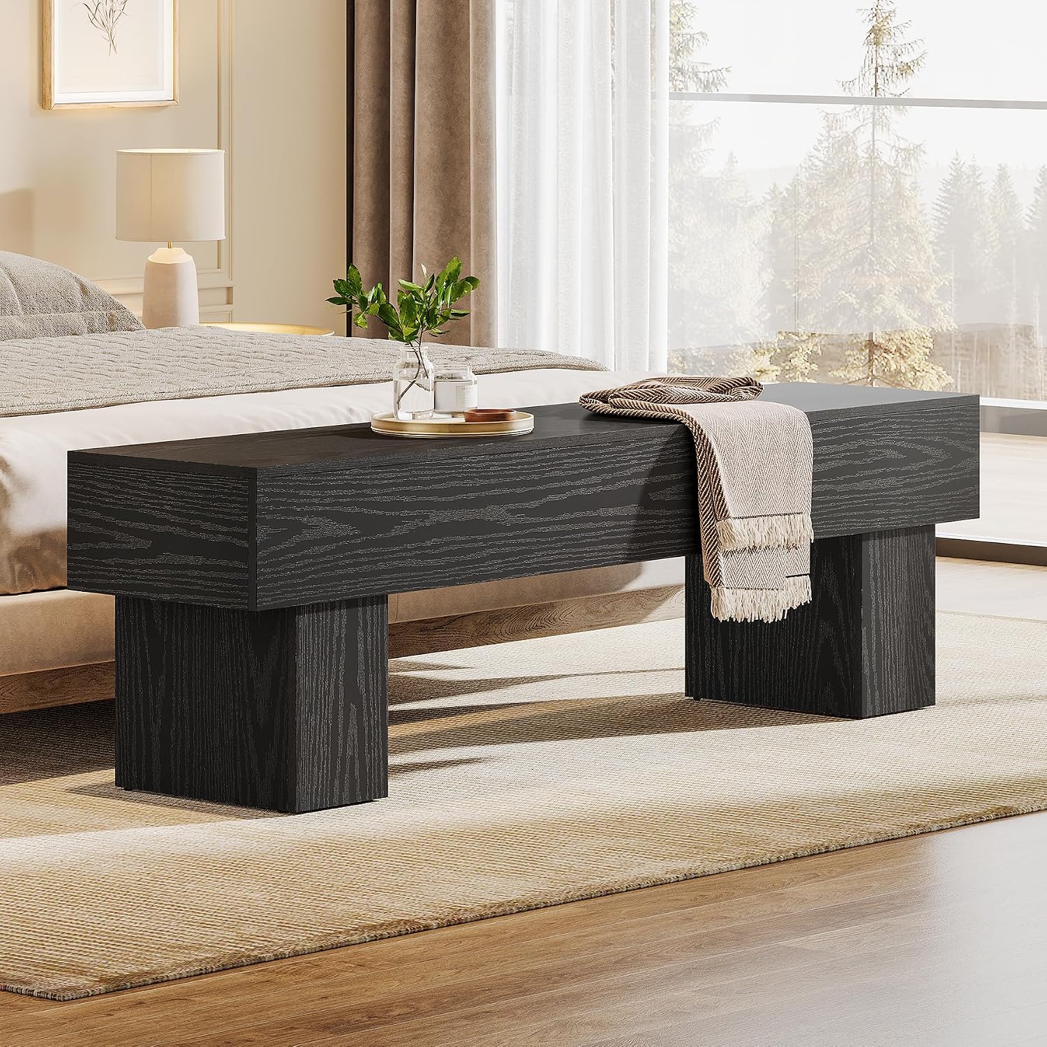 Tribesigns 63" Long Entryway Bench, Rustic Farmhouse End of Bed Bench, Wooden Shoe Bench Seat for Hallway, Living Room, End of Bed, Black