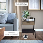 Nathan James 32502 Hugo Wood Nightstand, Rustic Accent End or Side Table with Drawer, Durable Black Metal Frame & Leather Hammock, Gray/Black