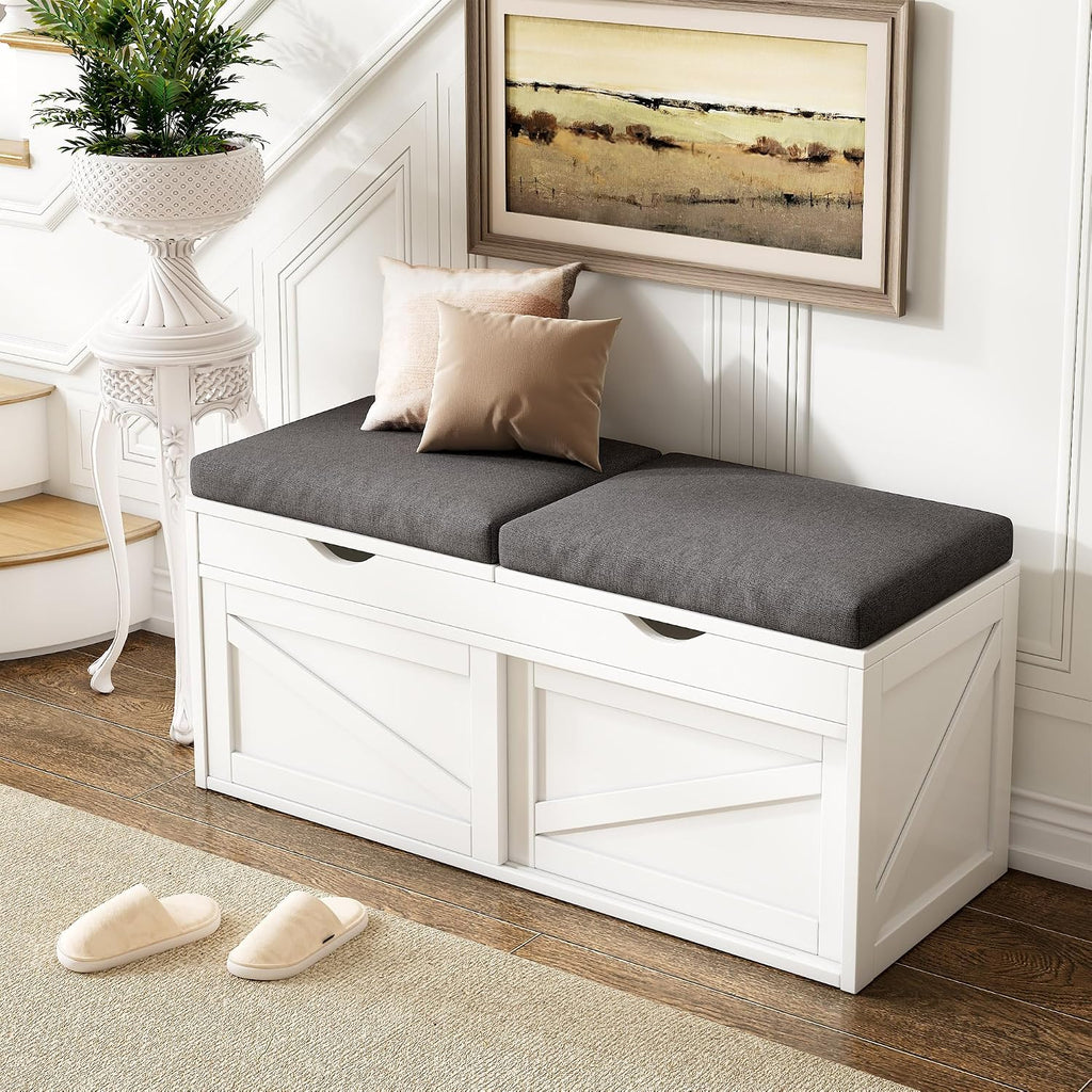 iPormis Shoe Storage Bench,40" Wide 2-Tier Shoe Bench with Padded Seat Cushion and Lift Top Storage,Entryway Bench with Adjustable Shelf,Wooden End of Bed Bench,White