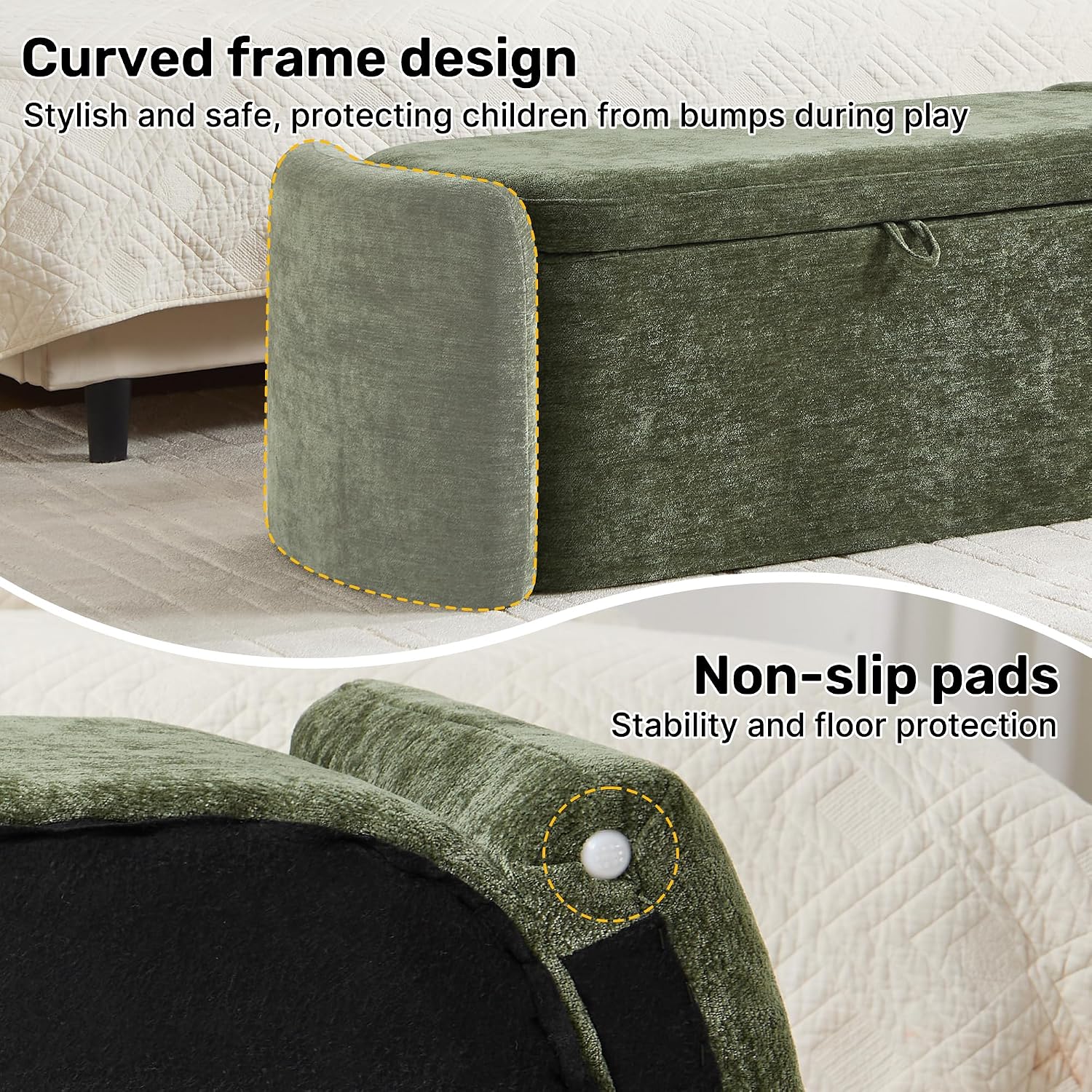 Oval Ottoman Bench with 20 Gal of Storage Space Upholstered Chenille Seat End of Bed Storage Bench Storage Ottoman with Storage for Bedroom, Living Room, Entryway, Window(Green)