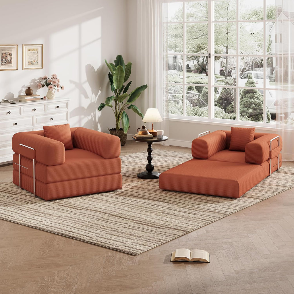 Single Couch Sofa for Small Spaces, 2-in-1 Single Sofa with Soft Corduroy Foldable Chair Lounger Sleeper Sofas for Small Apartment, Living Room, Home Office (Orange, 35.43" Single Sofa)