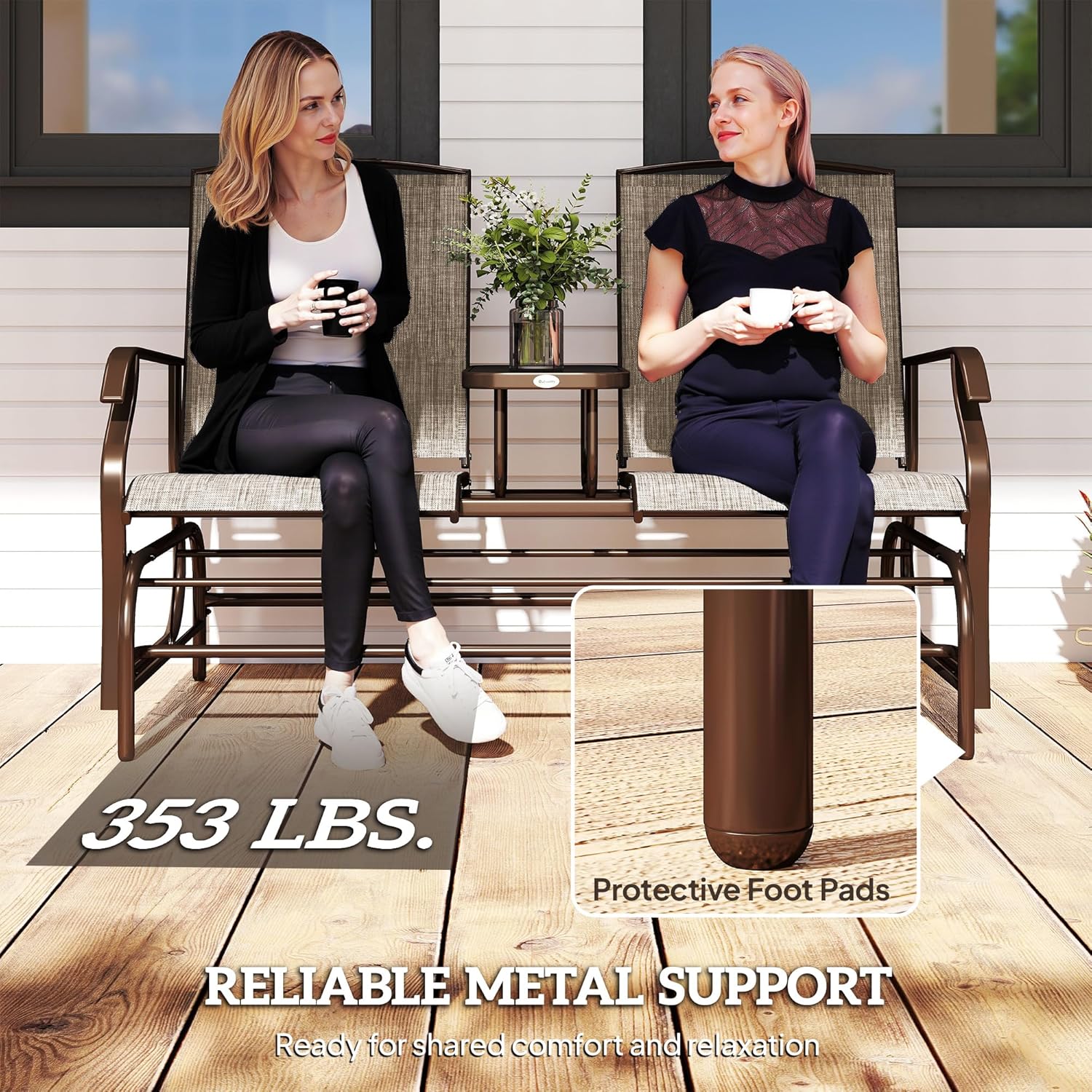 Outsunny Outdoor Glider Bench with Center Table Metal Frame Armrests Brown | Patio Loveseat, Breathable Mesh Fabric, for Backyard Garden Porch