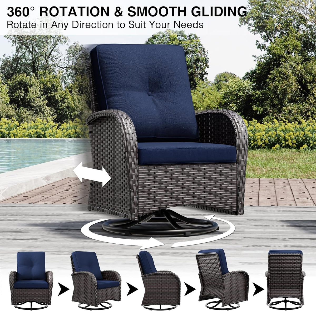 Joyside Wicker Patio Furniture Set, 6 Piece Outdoor Furniture Set with Thickened Cushions, High Back, Deep Seating, Wide Armrest, Outdoor Swivel Rocker Chairs for Porch, Deck