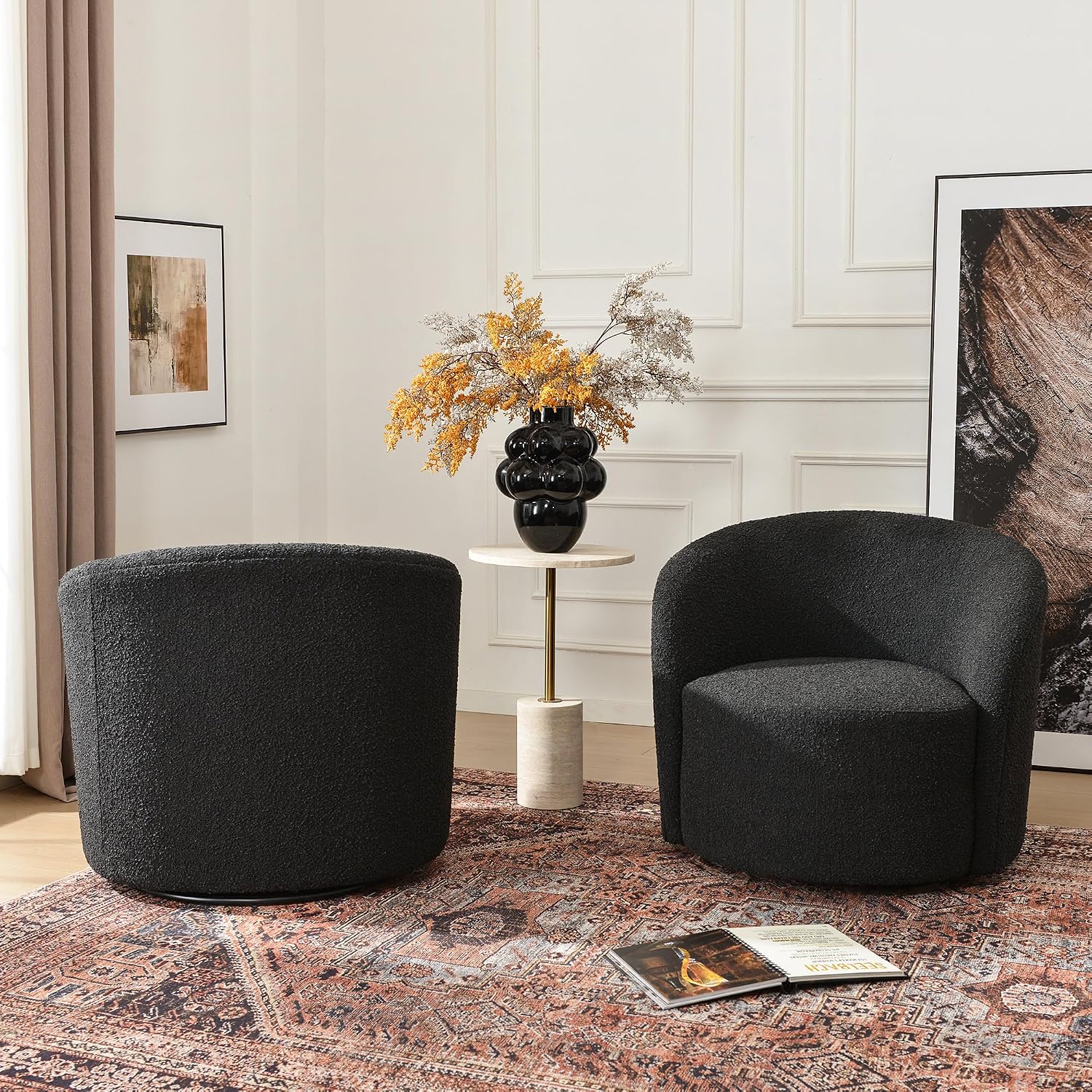 KINWELL 34" W Swivel Barrel Chair Set of 2, Mid Century Modern Round Upholstered Boucle Swivel Accent Chairs, No Assembly Sofa Chair for Living Room Bedroom Reading, Black